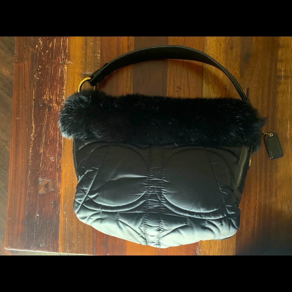 Coach Y2K fur lined silk purse with suede and brass.